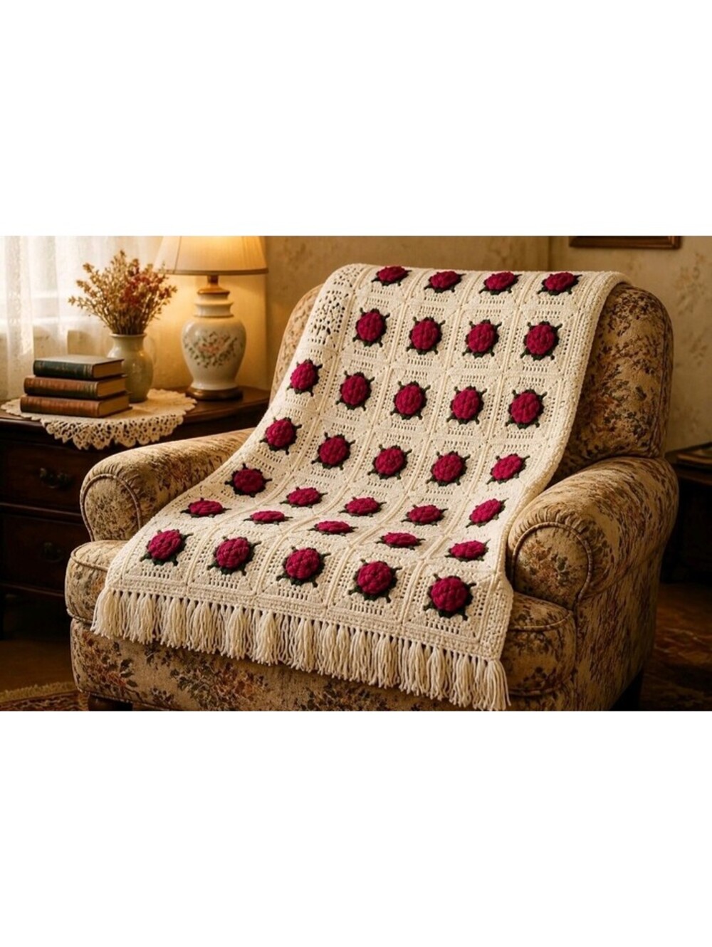 '70s Vintage Cottagecore 3D Red Rose Granny Square Crochet Afghan Blanket